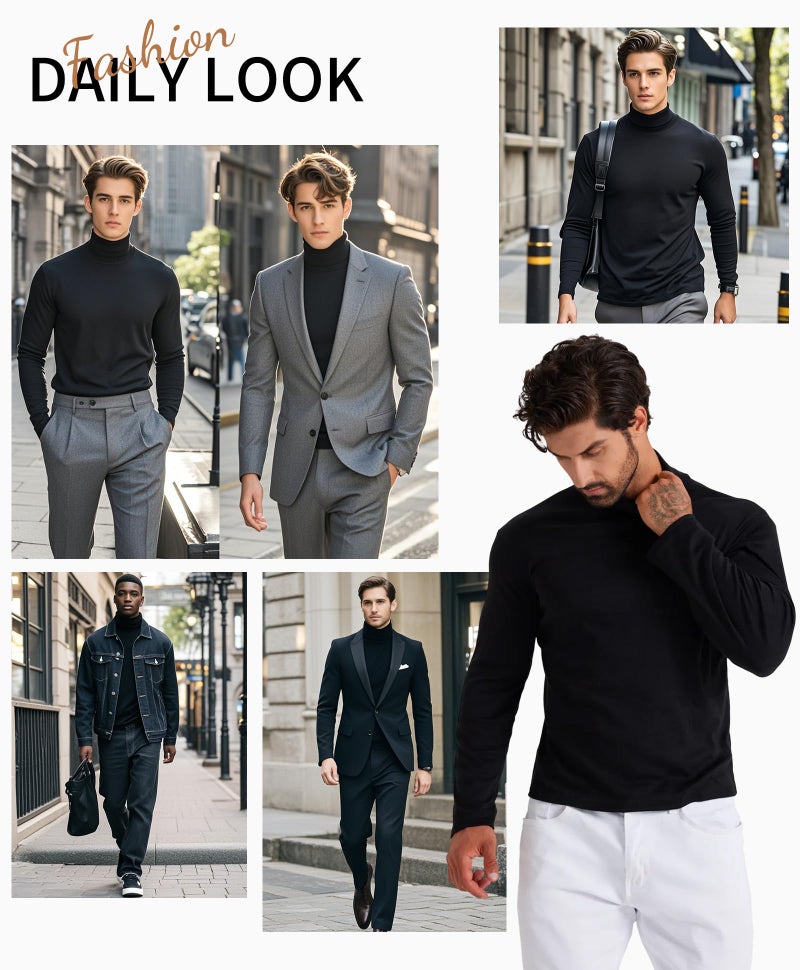 LONGBIDA Men Slim Fit Lightweight Long Sleeve Pullover Top Turtleneck T-Shirt(Black,M) - Image 2